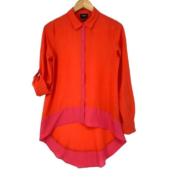 Womens Nicole Miller XSmall Tunic Blouse Coral High Low 3631 NWT Roll Tab Sleeve - Picture 1 of 8